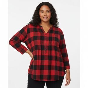 EUC Woman Within 4X Red Black Buffalo Plaid Flannel Shirt Tunic Top Cotton Cozy